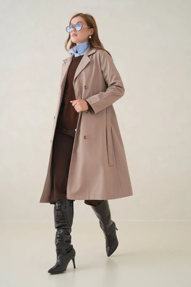 Su Geçirmez Kruvaze Yaka Sık Dokuma Kadın Trençkot - Resim 9