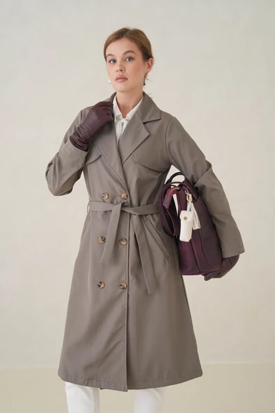 Su Geçirmez Kruvaze Yaka Sık Dokuma Kadın Trençkot - Resim 11