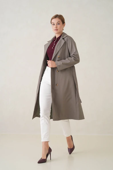 Su Geçirmez Kruvaze Yaka Sık Dokuma Kadın Trençkot - Resim 3