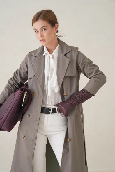 Su Geçirmez Kruvaze Yaka Sık Dokuma Kadın Trençkot - Resim 12