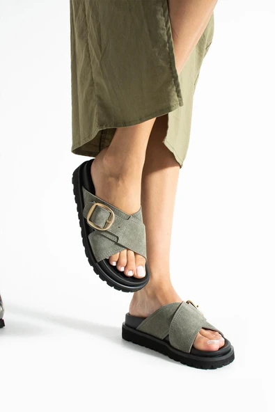 Stato Tekstil-Nappa Hafif Comfort Kadın Haki Terlik 25Y-1484 - Resim 6