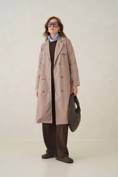 Su Geçirmez Kruvaze Yaka Sık Dokuma Kadın Trençkot ürün görseli