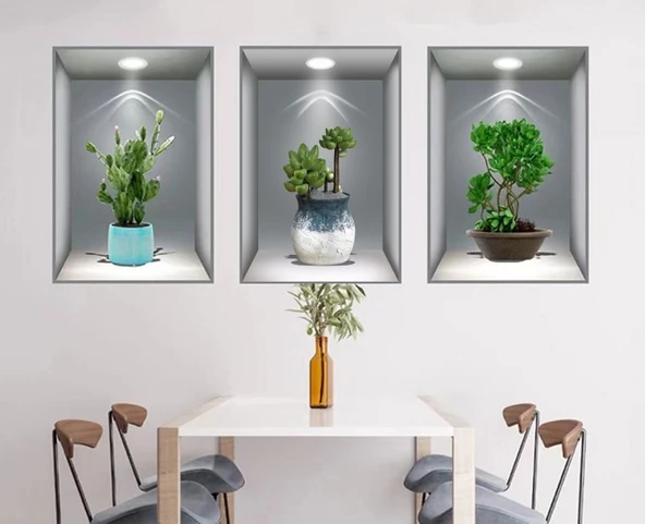 3D Çiçek Vazo Duvar Sticker 3 lü Set GRİ Fon - 4