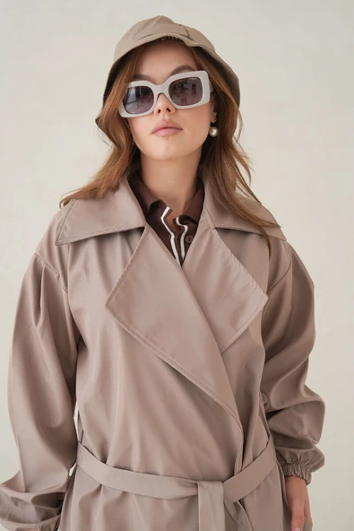 Su Geçirmez Kruvaze Yaka Sık Dokuma Kadın Trençkot - Resim 4