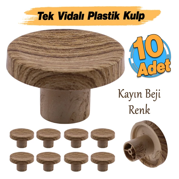 Tek Vidalı (10 Adet) İç Bükey Plastik Düğme Kulp Kayın Bej Renk Mobilya Dolap Çekmece Kulpu Kulbu - Resim 2