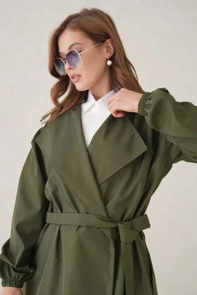 Su Geçirmez Kruvaze Yaka Sık Dokuma Kadın Trençkot - Resim 10