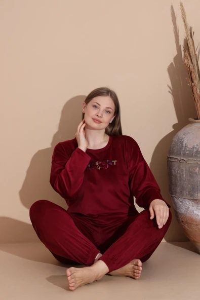 Boyraz Kadın KIŞLIK Fransız Kadife Büyük Beden Bisiklet Yaka Uzun Kol Pijama Takımı 03148 - 1 Adet  Bordo 5XL ürün görseli