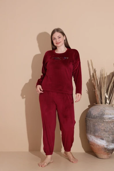 Boyraz Kadın KIŞLIK Fransız Kadife Büyük Beden Bisiklet Yaka Uzun Kol Pijama Takımı 03148 - 1 Adet  4XL Bordo - Resim 4