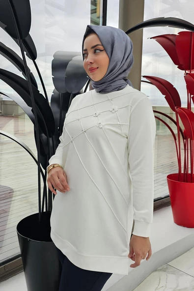 KADIN DİKME VE TAŞ DETAYLI TESETTÜR TUNİK - Resim 2