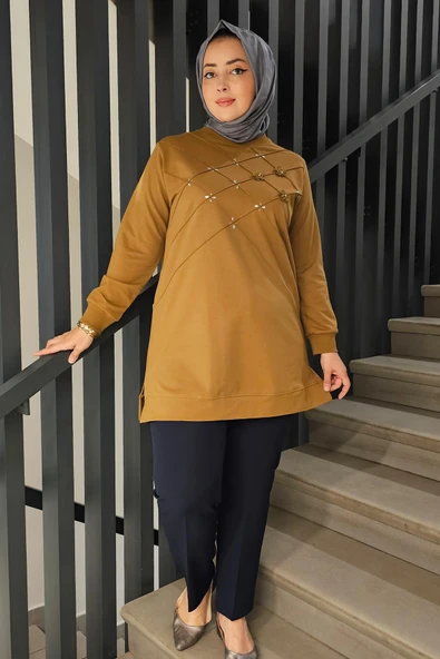 KADIN DİKME VE TAŞ DETAYLI TESETTÜR TUNİK - Resim 6