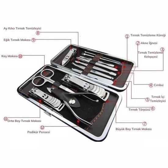 BUFFER® Çantalı Manikür Pensi Profesyonel ve Manikür Pedikür Seti 13 Parça Tırnak Eti İtici Ve Cımbı - 6