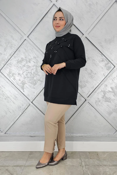 KADIN DİKME VE TAŞ DETAYLI TESETTÜR TUNİK - Resim 5