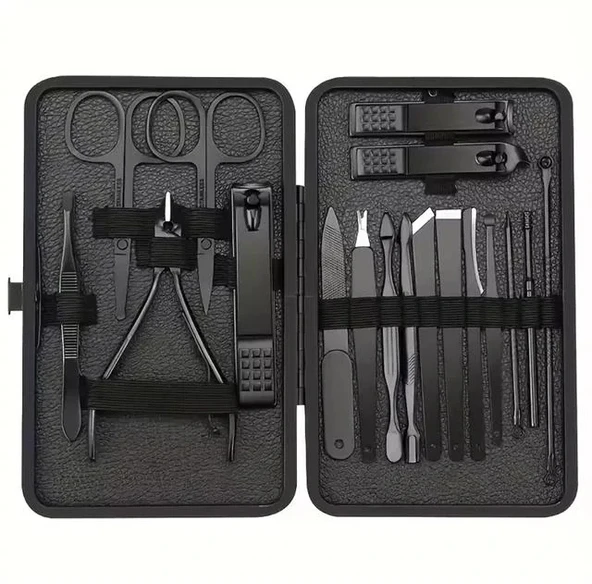 Sunup Sn-27099 Siyah Paslanmaz Çelik 18in1 Profesyonel Manikür Tırnak Bakım Seti