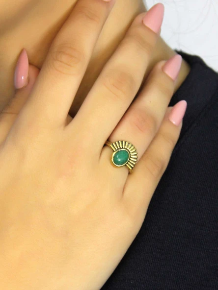 Doğal Taş Yeşil Akik Doğal Taşlı Antik Model Kadın Ayarlanabillir Yüzük euy82ya - Resim 2