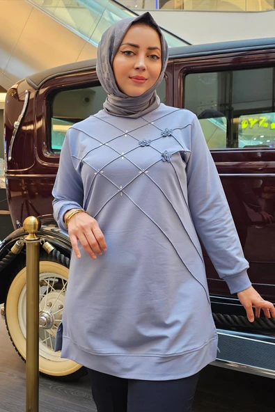 KADIN DİKME VE TAŞ DETAYLI TESETTÜR TUNİK - Resim 4