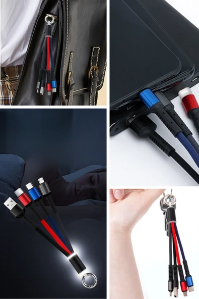 BUFFER® Işıklı Anahtarlık Model 3 in 1 USB Çıkışlı MİKRO,TYPE-C ve İphone Uyumlu Şarj Kablosu - 6