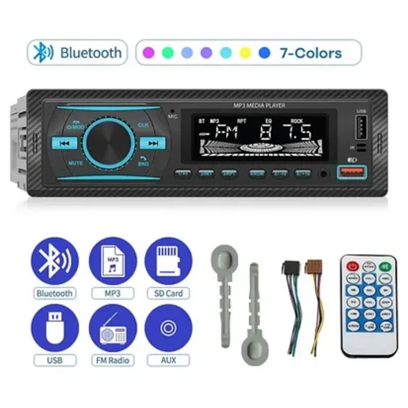 BUFFER® 7 Farklı Renkli Oto Teyp - Bluetooth & USB & AUX & FM Destekli Araç İçi Radyo