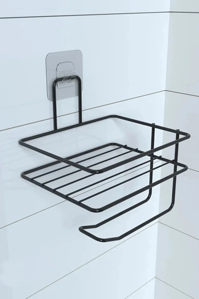 BUFFER® Kendiliğinden Yapışkanlı Tuvalet Kağıdı Tutacağı ve Yedek Raf - Siyah Modern Metal Tasarım - 7
