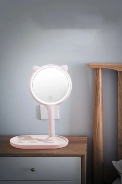 BUFFER® Kedi Kulaklı Telefon Standlı Yuvarlak Dokunmatik Led Ayarlı Masa Üstü Makyaj Aynası - 7