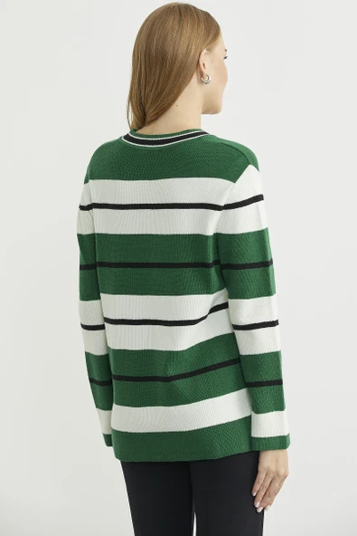 Çizgili V Yaka Triko Kazak - Yeşil - Resim 5