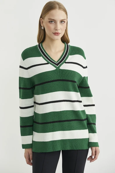 Çizgili V Yaka Triko Kazak - Yeşil ürün görseli