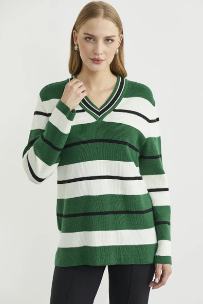 Çizgili V Yaka Triko Kazak - Yeşil - Resim 3