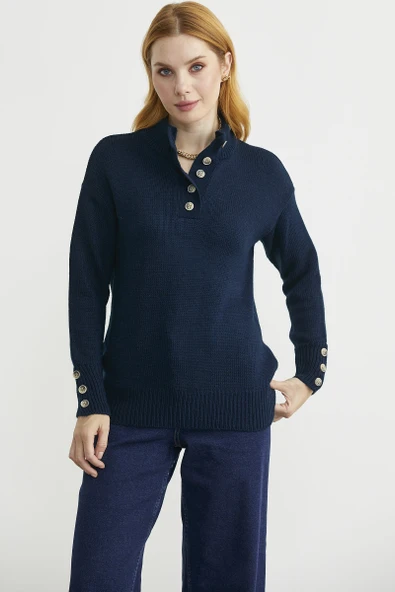 Dik Yaka Düğme Detaylı Yünlü Triko Kazak - Lacivert - Resim 2