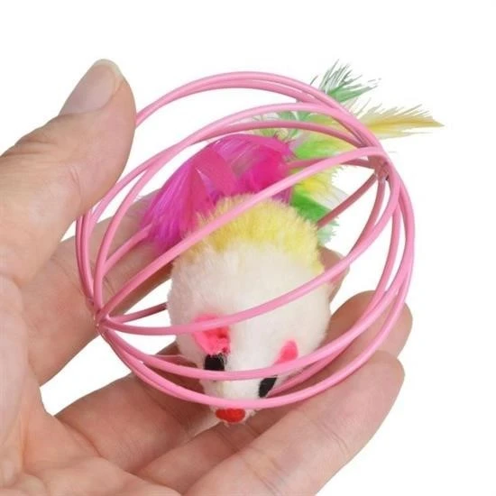 BUFFER® Renkli Metal Kafesli Peluş Fareli Kedi Köpek Oyuncağı Oyun Topu 6 cm - 6