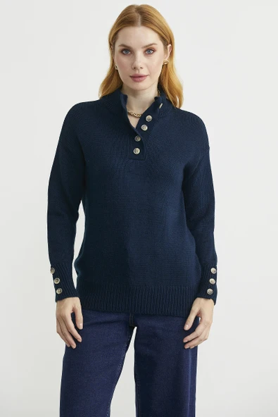 Dik Yaka Düğme Detaylı Yünlü Triko Kazak - Lacivert ürün görseli