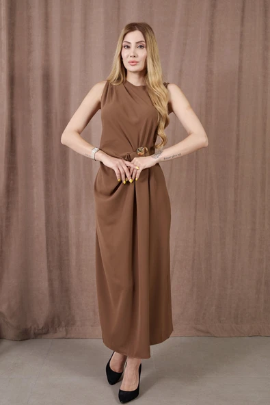 Kadın Kalın Askılı Yırtmaçlı Linda Kumaş Elbise Kahve - Resim 5