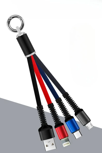 BUFFER® Işıklı Anahtarlık Model 3 in 1 USB Çıkışlı MİKRO,TYPE-C ve İphone Uyumlu Şarj Kablosu - 7