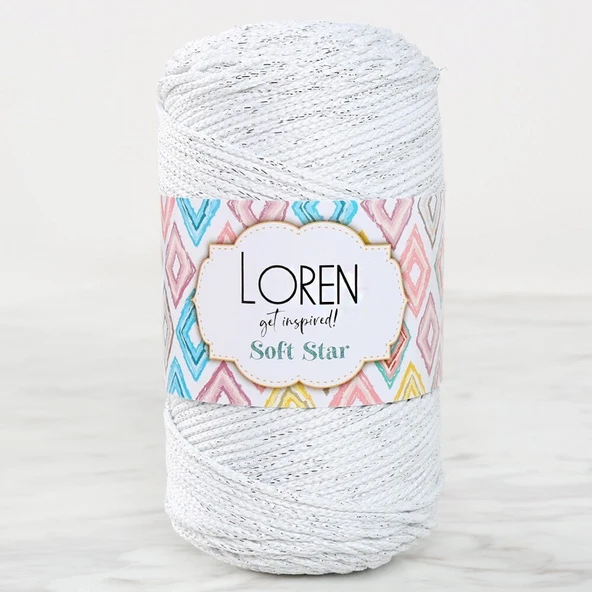 Loren Soft Star Makrome İpi Gümüş Simli Beyaz RM10 ürün görseli 1