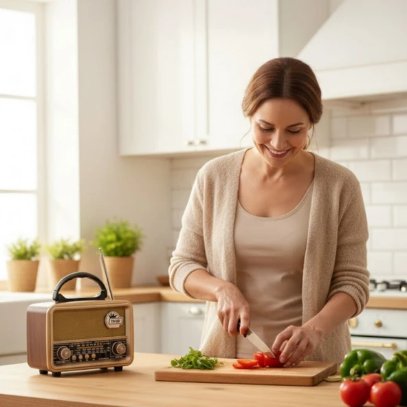 BUFFER® Orta  Boy Retro, Nostaljik, Ahşap Tasarım Bluetooth Hoparlörlü, Şarjlı, Taşınabilir FM/AM Destekli Radyo NS-8110 - 2