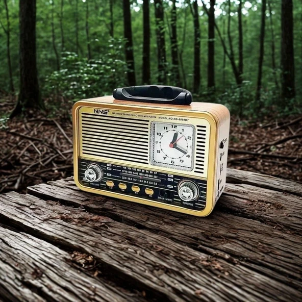 BUFFER® Orta Boy Saat Göstergeli Retro Ahşap Tasarım Bluetooth Hoparlörlü Radyo – FM/AM Destekli, Şarjlı ve Taşınabilir Radyo NS-8898 - 2