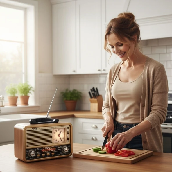 BUFFER® Orta Boy Saat Göstergeli Retro Ahşap Tasarım Bluetooth Hoparlörlü Radyo – FM/AM Destekli, Şarjlı ve Taşınabilir Radyo NS-8898 - 4