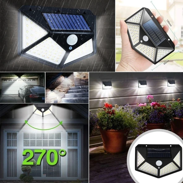 BUFFER® 100 Ledli 3 Farklı Aydınlatma Ayarlı Solar Güneş Enerjili Hareket Sensörlü Bahçe Duvar Lambası - Resim 2