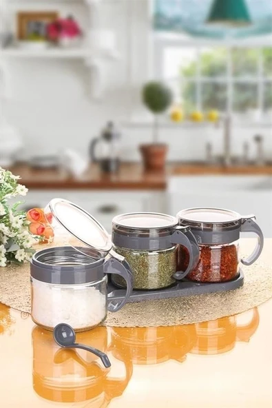 BUFFER® Gri 3lü Standlı Kapaklı Kaşıklı Cam Hava Sızdırmaz Baharatlık Takımı KC-386 - 5