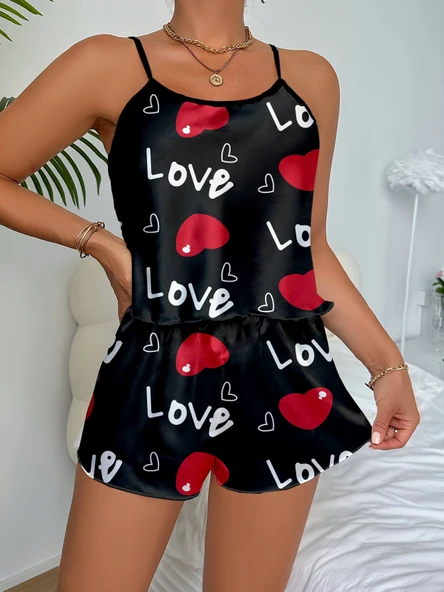 Ask Temalı Kalp Desenli Saten Şortlu Gecelik - Resim 3