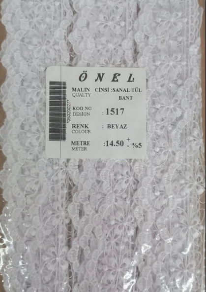 Dantel Polyester Sanal Tül Bant Beyaz 14,50 Metre En 6 cm ON-1517-B