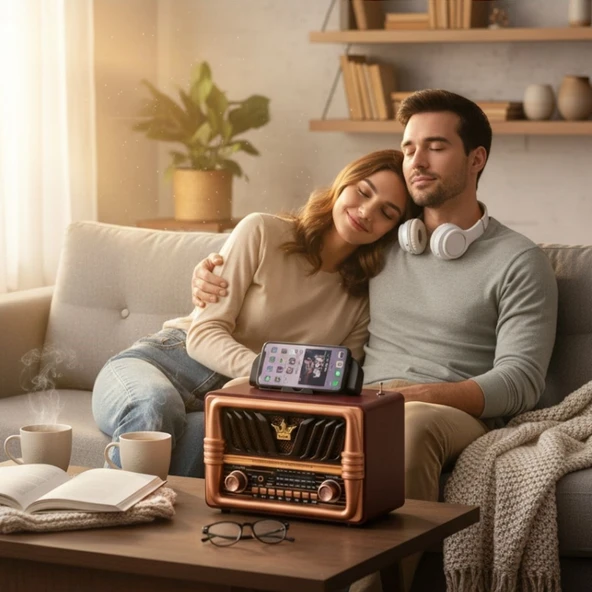 BUFFER® Büyük Boy Telefon Tutma Saplı Retro Ahşap Tasarım Bluetooth Hoparlörlü Radyo – FM/AM Destekli, Şarjlı ve Taşınabilir Radyo NS-8077 - 3