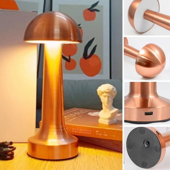 BUFFER® Mantar Model Bronz Renk Şarjlı Dokunmatik 3 Renkli LED Masa Lambası - 5