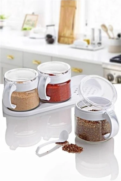BUFFER® Beyaz 3lü Standlı Kapaklı Kaşıklı Cam Hava Sızdırmaz Baharatlık Takımı KC-386 - 5