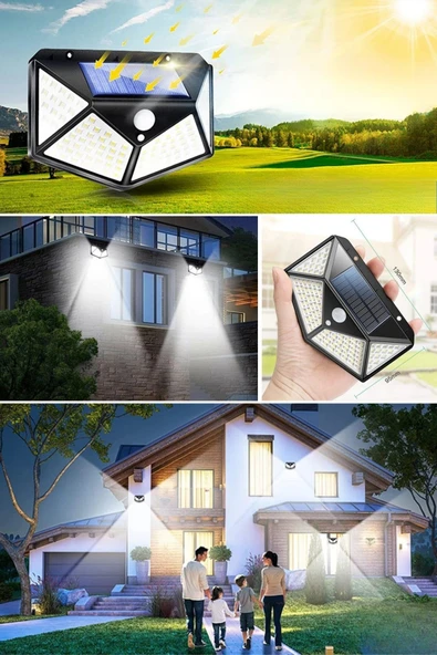 BUFFER® 100 Ledli 3 Farklı Aydınlatma Ayarlı Solar Güneş Enerjili Hareket Sensörlü Bahçe Duvar Lambası - Resim 8