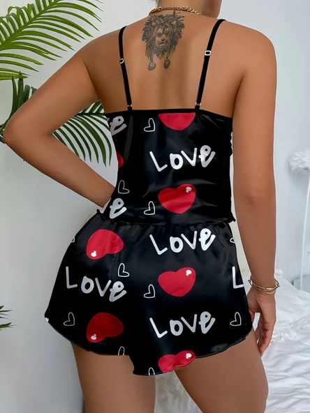 Ask Temalı Kalp Desenli Saten Şortlu Gecelik - Resim 2