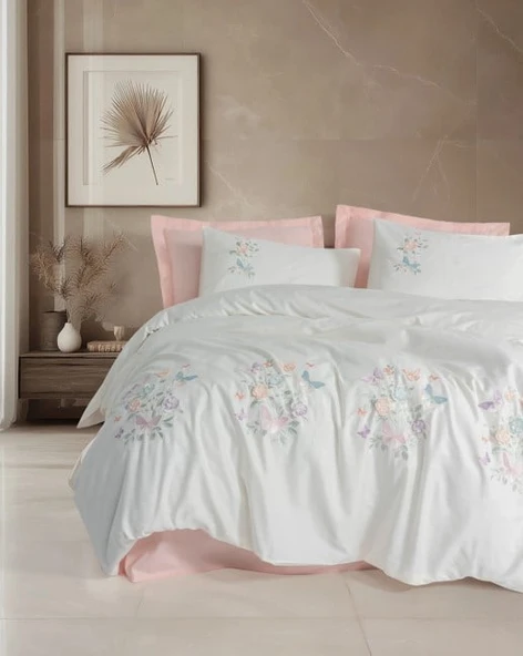 3D Nakışlı Çift Kişilik Saten Nev Takımı Liva Pudra ürün görseli 1