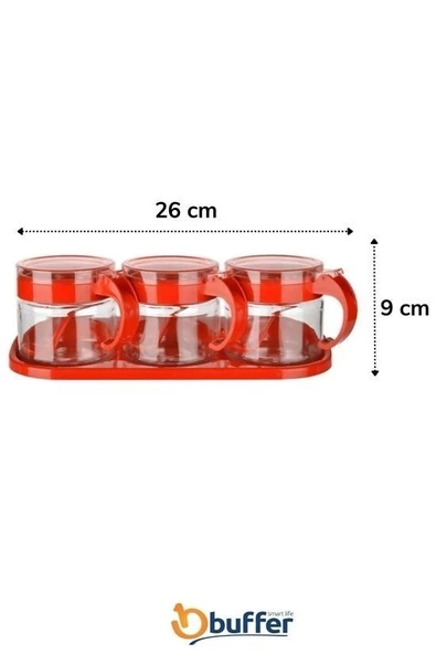 BUFFER®  Kırmızı 3lü Standlı Kapaklı Kaşıklı Cam Hava Sızdırmaz Baharatlık Takımı  KC-386 - 8