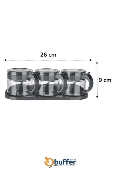 BUFFER® Gri  3lü Standlı Kapaklı Kaşıklı Cam Hava Sızdırmaz Baharatlık Takımı KC-386 - 8