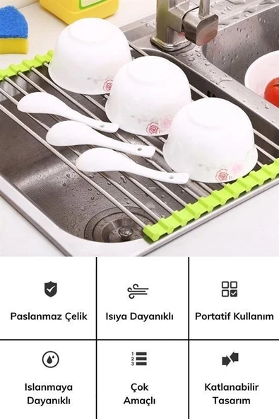 BUFFER® Evye Üstü Katlanır Nihale Paslanmaz Çelik Pratik Sebze Meyve Bulaşık Kurutma Süzgeci - 2