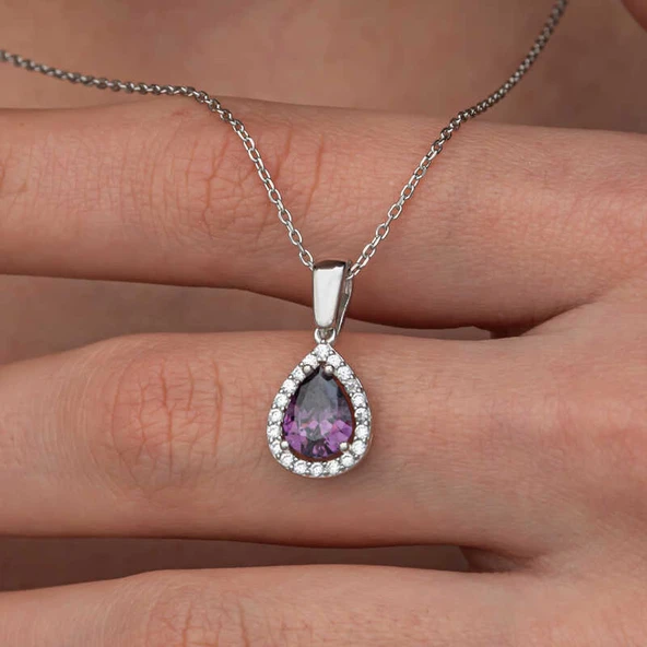 Gümüş Damla Mor Taşlı Kadın Kolye SL12653 - Resim 5