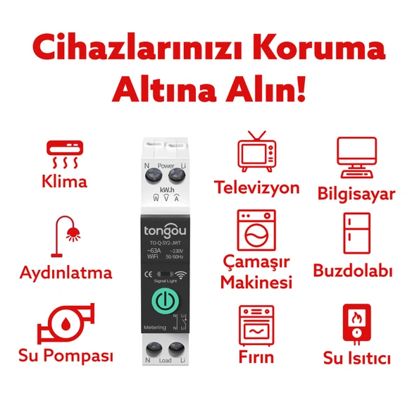 Tongou Akıllı Voltaj ve Akım Koruma Rölesi - Sıcaklık Korumalı -WiFi Özellikli Çift Kutuplu Monofaz - Resim 3